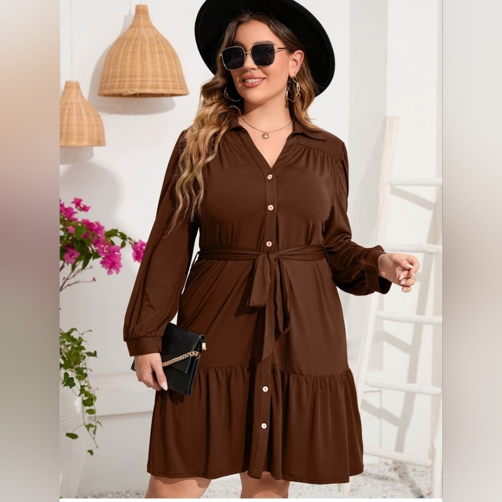 New with tags! Kojooin Womens 2XL Elegant Brown Button Up Belted Shirt Dress